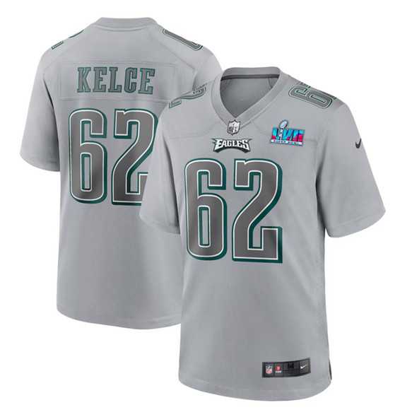 Mens Philadelphia Eagles #62 Jason Kelce Gray Super Bowl LVII Patch Atmosphere Fashion Stitched Game Jersey
